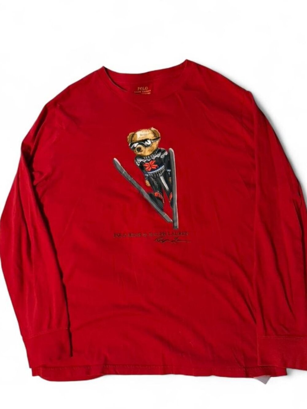 Long SleevePolo Ralph Lauren Skiing Polo Bear Long Sleeve T-Shirt Red Youth XL